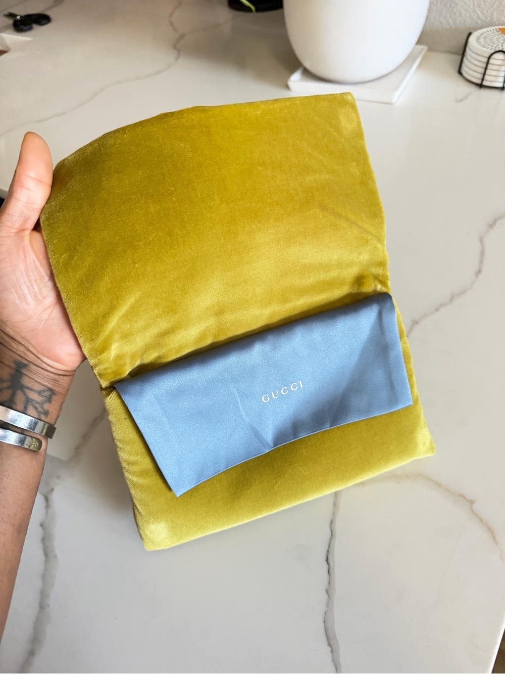Gucci Mustard Yellow Velvet Mini Bag with Light Blue Flap - Picture 2 of 6